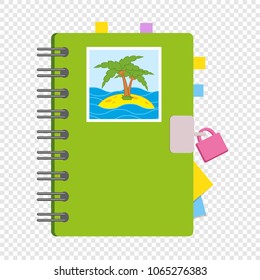 Closed notebook, personal diary on a spiral with bookmarks and paper for notes between pages. With a small lock. Colorful flat vector illustration isolated on a transparent background