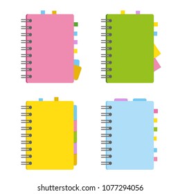 Closed notebook, personal diary on a spiral with bookmarks and paper for notes. A set of four options with bright, attractive covers. Colorful flat vector illustration isolated on white background