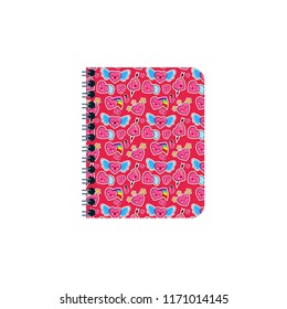 Closed notebook, personal diary on a spiral with bookmarks. With a bright cover texture with different emotions heart. Colorful flat vector illustration isolated on white background