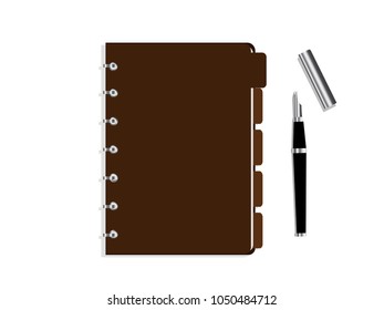 Closed notebook with spiral and bookmarks and pen on a white background. organiser icon. 