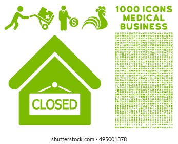 Closed Office icon with 1000 medical business eco green vector design elements. Clipart style is flat symbols, white background.