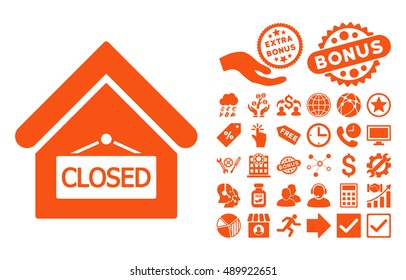 Closed Office icon with bonus pictograph collection. Vector illustration style is flat iconic symbols, orange color, white background.