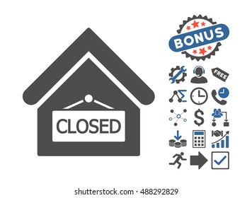 Closed Office icon with bonus icon set. Vector illustration style is flat iconic bicolor symbols, cobalt and gray colors, white background.