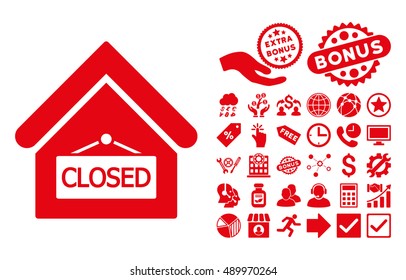 Closed Office icon with bonus symbols. Vector illustration style is flat iconic symbols, red color, white background.