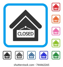 Closed Office icon. Flat grey pictogram symbol in a blue rounded squared frame. Black, gray, green, blue, red, orange color variants of Closed Office vector. Designed for web and app user interface.