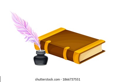 Closed Old Book in Hard Cover with Quill Rested in Inkstand Vector Illustration