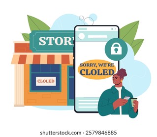 Closed online shop. Woman near smartphone with inscription sorry we closed. Bankrupt business on internet. Forbidden store or mall. Retail place. Flat vector illustration