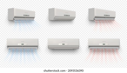 Closed and open air conditioner, flow cold and heat wind. Temperature and climate control system. Realistic ac with breeze waves vector set. Colllection of air conditioner and conditioning