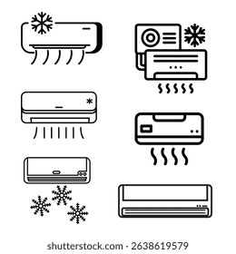 Closed and open air conditioner, flow cold and heat wind. Temperature and climate control system. Realistic ac with breeze waves vector set.