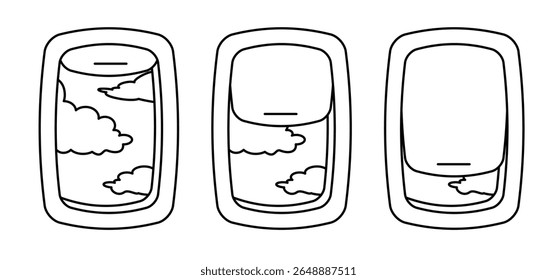 Closed, open airplane window. Passengers in air plane. Aeroplane windows. Inside passenger plane. Views outside aircraft window. Views outside aeroplane window, sky view through porthole in air plane.