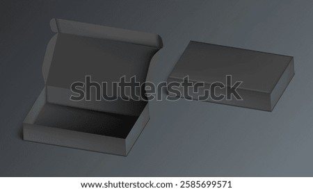 Closed And Open Black Cardboard Box Mockup Perspective View. EPS10 Vector
