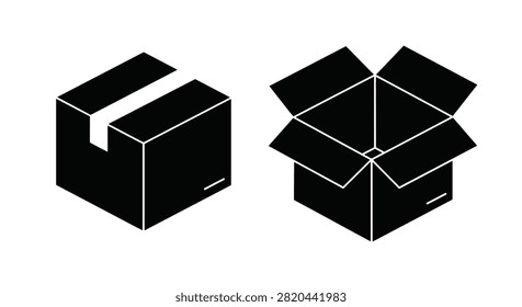 Closed and open black cardboard boxes in isometric flat style for shipping logistics
