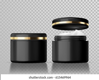 Closed and open black cream jar with cream vector isolated template for skin care product. Face moisturizer lotion cosmetic package with open cap or lid on transparent background