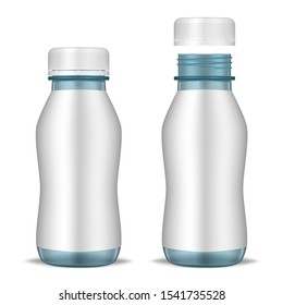 Closed and open blue bottle with screw cap and blank label, realistic mockup. Liquid food product packaging container, vector template.