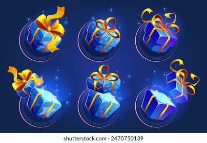 Closed and open blue gift boxes with yellow ribbon and bow for game ui design. Cartoon vector illustration set of winner bonus and surprise present packages. Reward prize pack with neon glow.