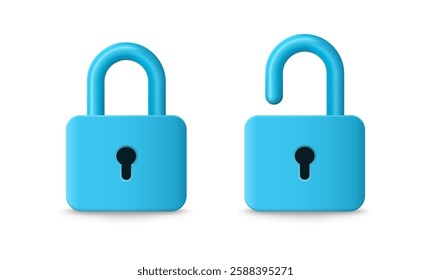 Closed and open blue padlock isolated on white background, vector illustration. Security and protection.