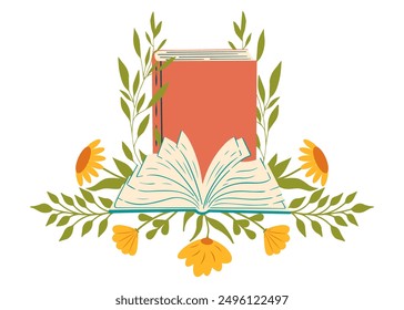 Closed and open book with flowers. Hand drawn illustration for bookstore design, library, postcard design, poster, banner.