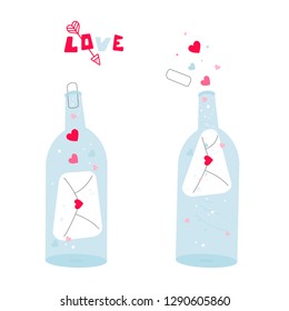 Closed and open bottle with a love letter.  Valentine's day postcard