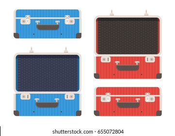 Closed And Open Briefcase Or Luggage Bag. Travel Suitcase Isolated On White Background. Red And Blue Suit Case Vector Illustration In Flat Design.