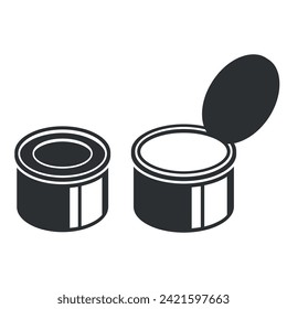 Closed and open canned food metal aluminum round packaging conserve meal black icon set isometric vector illustration. Preserve can with cap cylinder jar product package metallic container for storage