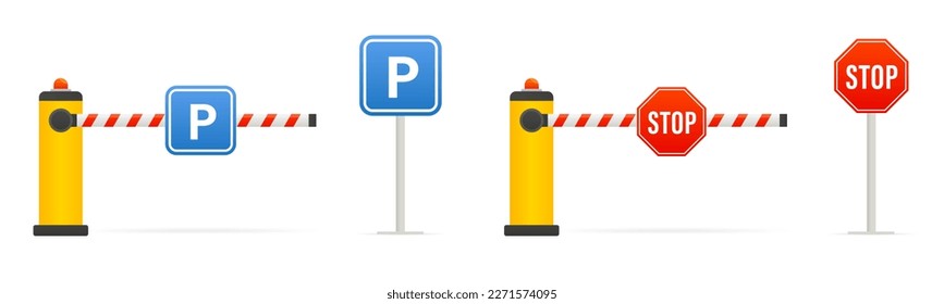 Closed and open car barriers. Parking barrier gate sign. Barricade with flashing light for safety. Curb for entering the park, garage, construction. Parking sign and stop sign. Vector illustration