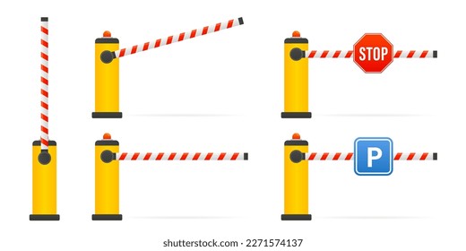 Closed and open car barriers. Parking barrier gate sign. Barricade with flashing light for safety. Curb for entering the park, garage, construction. Parking sign and stop sign. Vector illustration