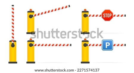 Closed and open car barriers. Parking barrier gate sign. Barricade with flashing light for safety. Curb for entering the park, garage, construction. Parking sign and stop sign. Vector illustration