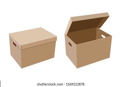 Closed and open cardboard box with slotted hand holes for storage or other purpose isolated on white background. Vector illustration