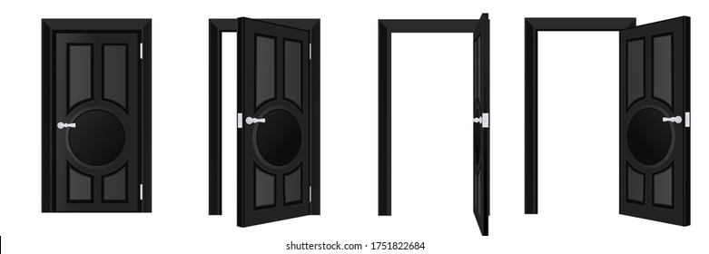 Closed and open classical wooden black door set, isolated on white background. Home entrance and exit, interior architecture design element. Vector flat cartoon illustration