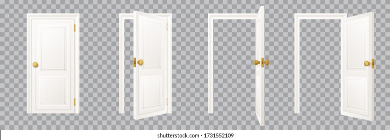 Closed and open classical wooden white interior door set, isolated on transparent background. Modern home or room entrance and exit design element. Vector flat cartoon illustration