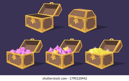 Closed and open colorful treasure chests flat icon set. Cartoon bright pirate chests with gems and coins isolated vector illustration collection. Game trophy and UI elements concept