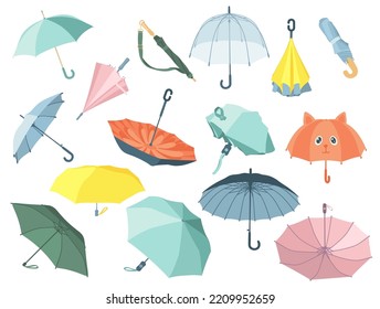 Closed and open colorful umbrellas vector illustrations set. Collection of cartoon drawings of cute parasols for autumn, summer or sunshade on white background. Weather, accessories, climate concept