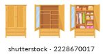 Closed open cupboard. Wooden dress cabinet, wardrobe room cartoon closet inside with shelf clothes organisation fashion hanging rack garment accessories, neat vector illustration of dress storage