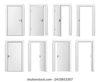 Closed or open door, entrance realistic doorway with doorframe. Vector isolated wooden gate with knob or handle for closing and opening. Interior design and architecture for apartment or house