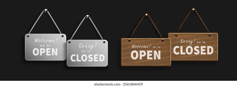 Closed and open door signs set isolated on black background. Vector realistic illustration of hanging metal and wooden boards with message text, shop, restaurant, cafe announcements for clients