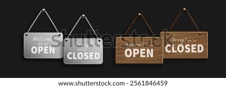 Closed and open door signs set isolated on black background. Vector realistic illustration of hanging metal and wooden boards with message text, shop, restaurant, cafe announcements for clients