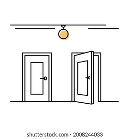Closed  and open doors in a room line art concept. Finding a choice, way out and  Select the way to achieve. Alternative doorway in front view. Two path options.Vector illustration on white background