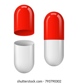 Closed and open drug capsule isolated on white background. Medical open and closed capsule pill 3d realistic vector illustration isolated on white background closeup