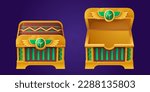 Closed and open Egyptian treasure chest set isolated on background. Vector cartoon illustration of ancient golden safe box decorated with wings sign and green gem stone. Adventure game ui props