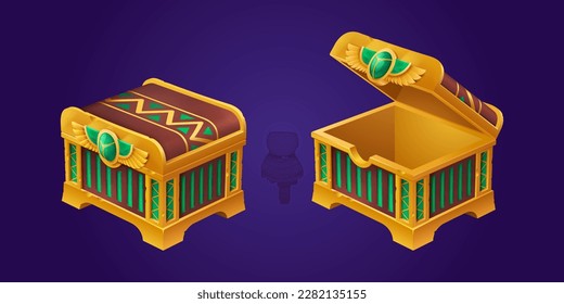 Closed and open Egyptian treasure chest set isolated on background. Vector cartoon illustration of ancient golden safe box decorated with wings sign and green gem stone. Adventure game ui props