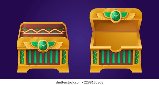 Closed and open Egyptian treasure chest set isolated on background. Vector cartoon illustration of ancient golden safe box decorated with wings sign and green gem stone. Adventure game ui props