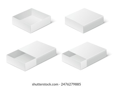 Closed, open empty cardboard box slider. White gift packaging mockup on a white background.