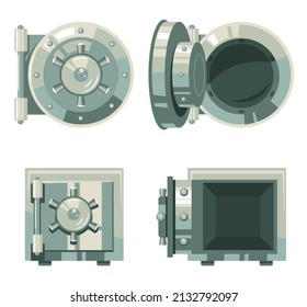 Closed and open empty iron safe isolated set. Vector flat graphic design cartoon illustration