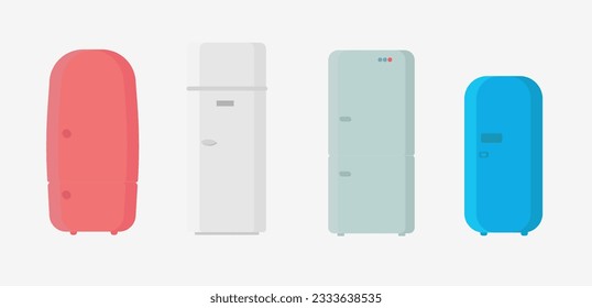 Closed and open empty kitchen refrigerator. Freezer and food illustration. Vintage color fridge full of food isolated on white background. Vector cartoon flat isolated illustration.