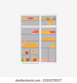 Closed and open empty kitchen refrigerator. Freezer and food illustration. Vintage color fridge full of food isolated on white background. Vector cartoon flat isolated illustration.