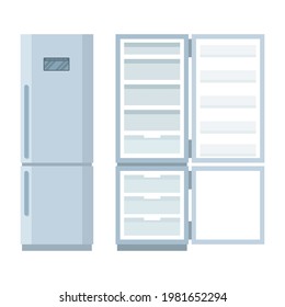 Closed and open empty refrigerator, vector illustration