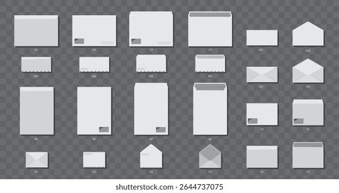 Closed and open envelopes set in multiple formats. Vector letter packets collection, front and back view. Branding and personal messages, business communication or wedding stationery mockups