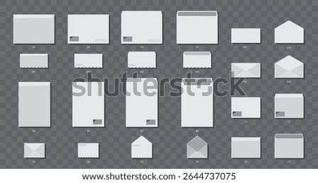 Closed and open envelopes set in multiple formats. Vector letter packets collection, front and back view. Branding and personal messages, business communication or wedding stationery mockups