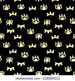Closed and open eyes cute childish abstract seamless pattern on black background, hand drawn. Isolated vector illustration.