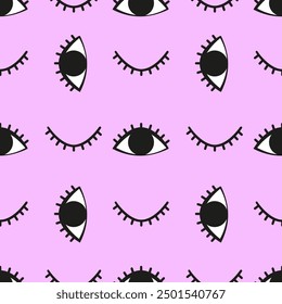 Closed and open eyes, winked eyes, blinking. Eyes with lashes on pink backdrop. Vector line illustration